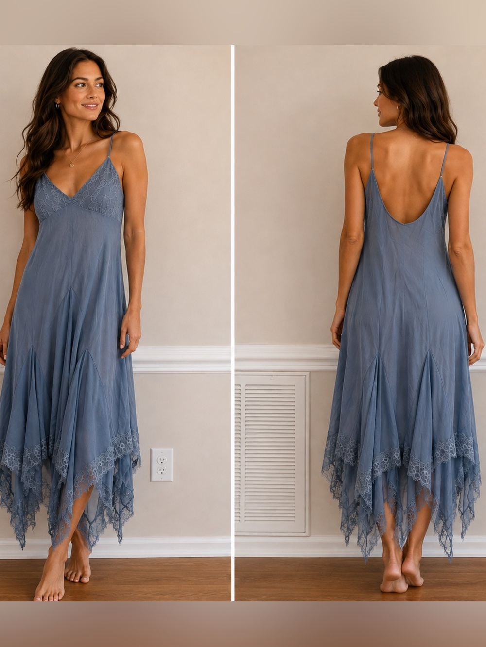 Y2K Flowy Lace-Trim Fairy Slip Dress in Slate Blue